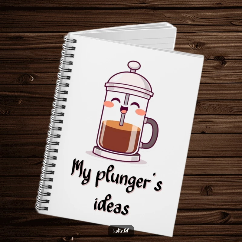 Funny French press notebook adorned with a laughing coffee character pushing its plunger, inspiring creative thoughts and notes.