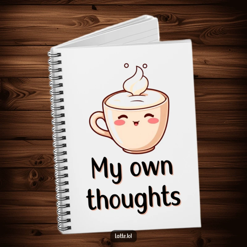 Funny notebook with a cute latte cup character happily sipping its own foam, great for jotting down ideas humorously.