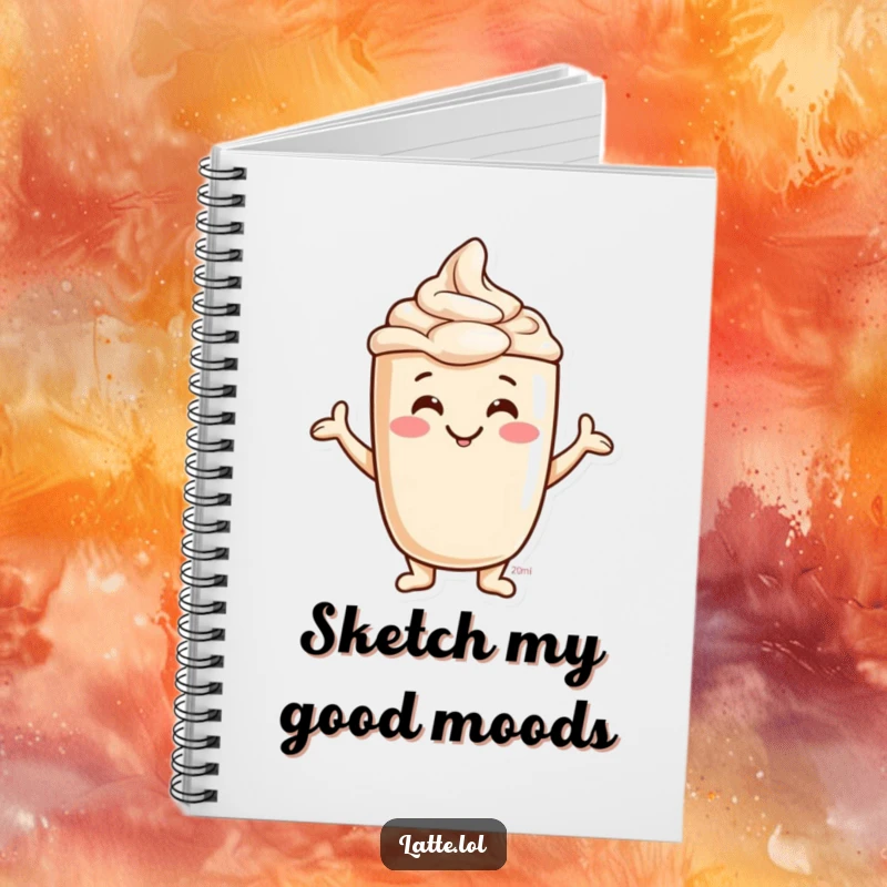 Funny Jovial Latte Foam Notebook cover with a smiling character making fun shapes. Perfect for notes and doodles.