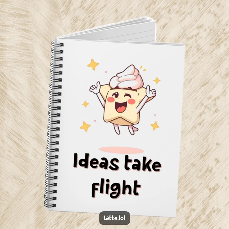 Funny notebook with an excited latte art star character launching upwards, perfect for capturing creative thoughts and energetic ideas.