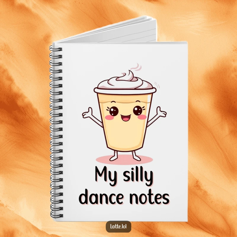 Funny latte cup notebook with tiny arms doing a silly dance, inspiring creativity.