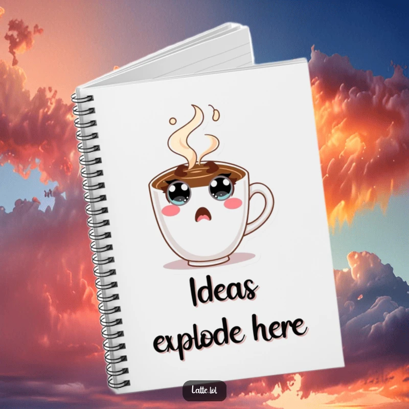 Funny Coffee Cup Notebook cover featuring a wide-eyed character and steam, symbolizing surprise. Great for notes and humor.
