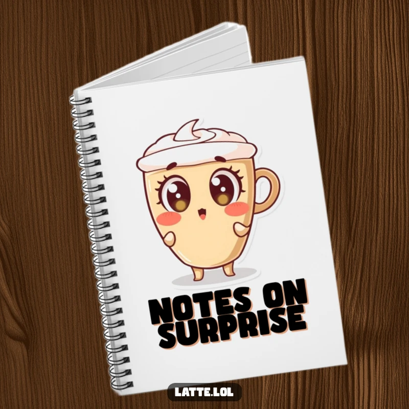 Funny notebook cover with a latte cup character leaning back with wide, surprised eyes, ready for your journaling.