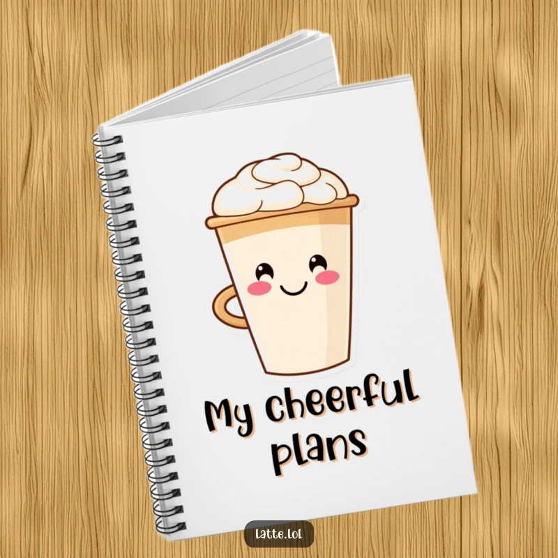 Funny notebook cover showcasing a happy latte cup character with a smiley face foam design, ideal for notes and journaling.