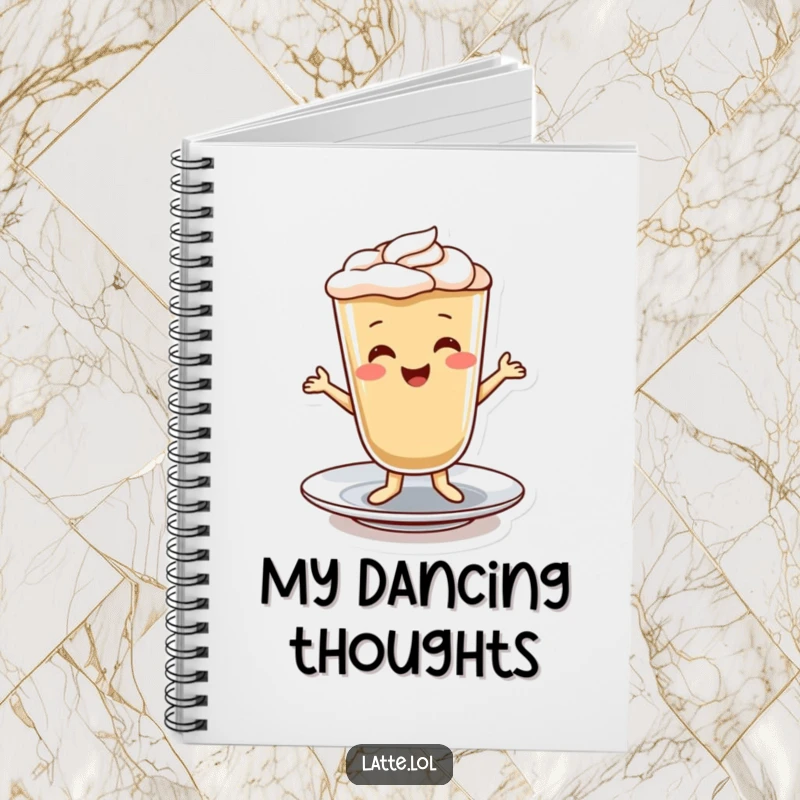 Funny notebook cover showing a smiling latte character in a cheerful dance pose on a saucer, perfect for notes.