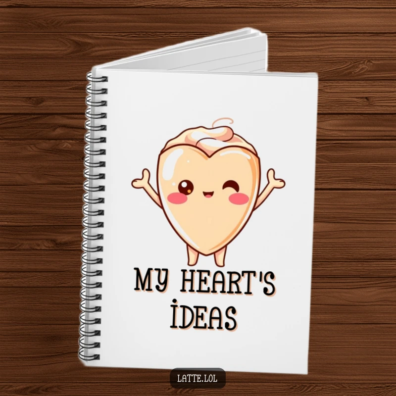 Funny notebook cover featuring a kawaii latte heart character with arms raised in a cheerful, encouraging pose.