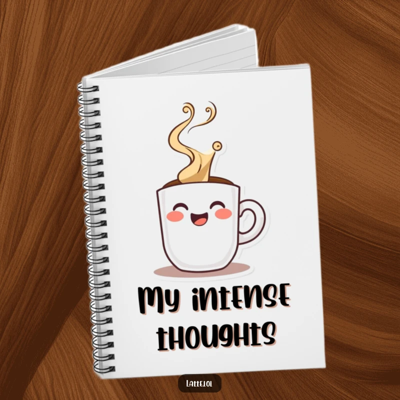 Funny notebook cover with a happy espresso shot character and dramatic steam, ideal for jotting down focused thoughts and plans.