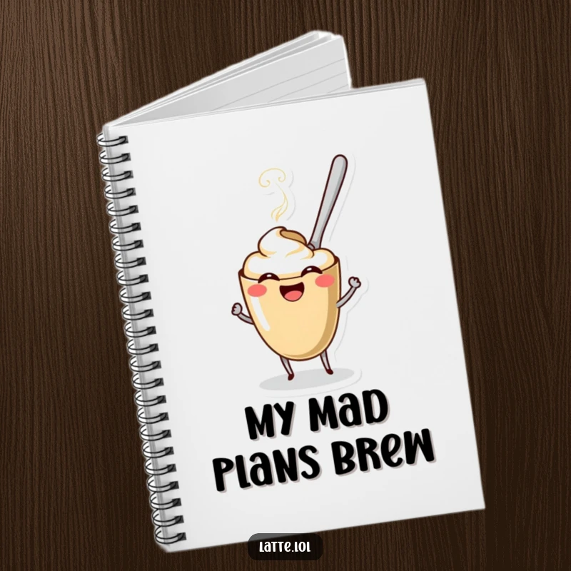 Funny Coffee Spoon Latte Notebook cover with a spoon character trying to stir a giggling latte. Ideal for note-taking.