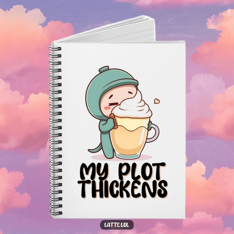 Funny notebook featuring a coffee stirrer tickling latte foam, perfect for jotting down notes with a playful touch.