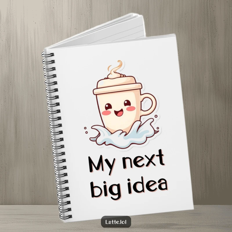 Funny notebook with a happy coffee cup character surfing a frothy wave, steaming lid intact. Ideal for note-taking.