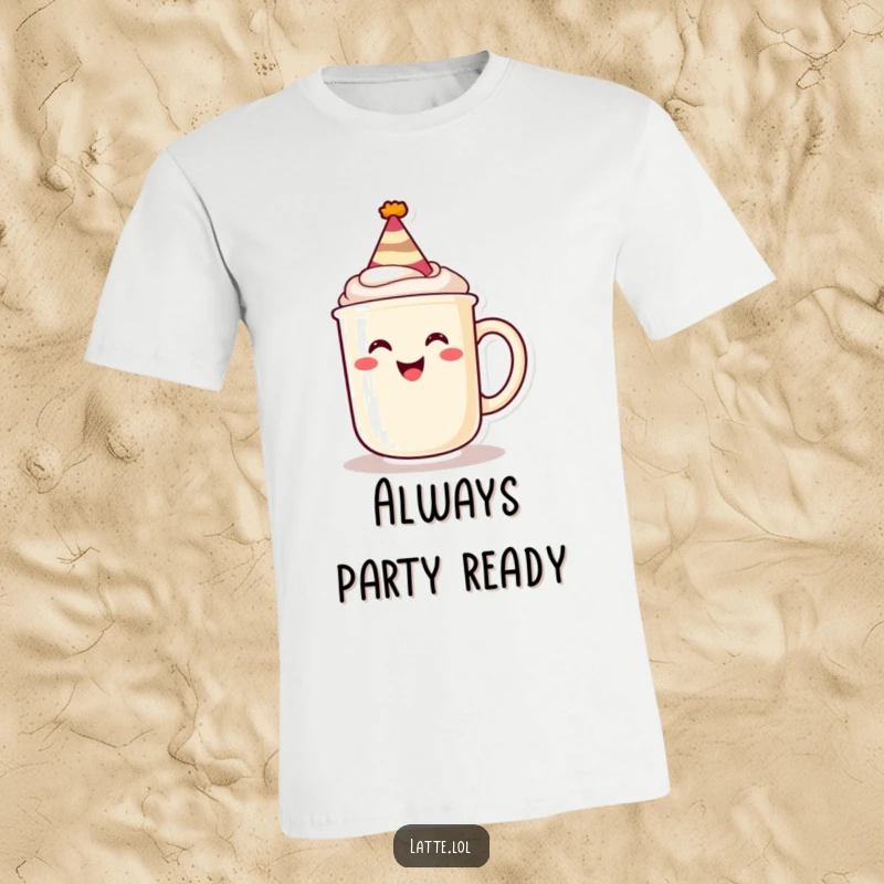 Funny t-shirt showcasing a grinning latte mug character sporting a tiny party hat, embodying festive cheer.