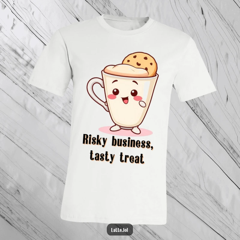 Funny t-shirt depicting a wobbly latte cup character attempting to balance a cookie wafer on its rim. Playful and relatable design.