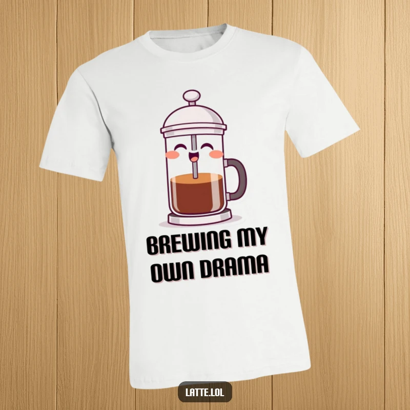 Funny French press t-shirt featuring a laughing character actively pushing its plunger, celebrating the joy of brewing coffee.