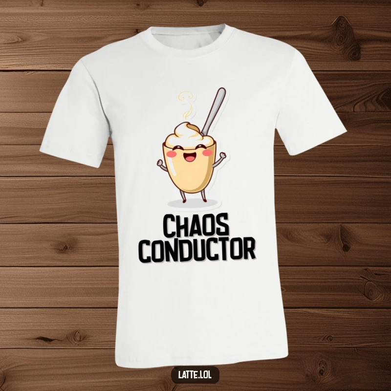 Funny Coffee Spoon Latte T-Shirt showing a spoon character trying to stir a giggling latte. A humorous coffee scene.