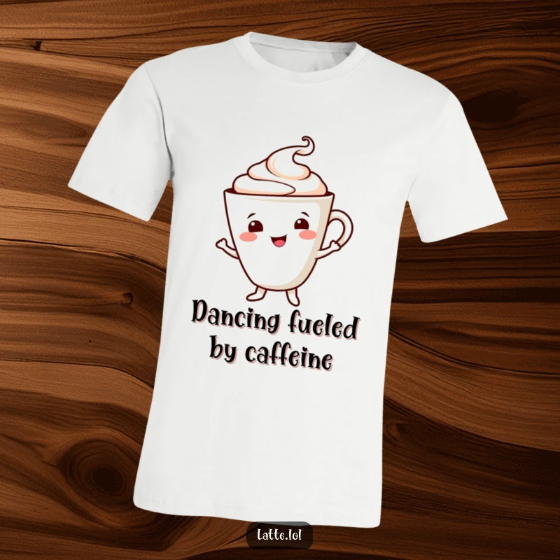 Funny t-shirt with a smiling latte cup character doing a merry dance, complete with a cheerful foam swirl. Playful and energetic design.