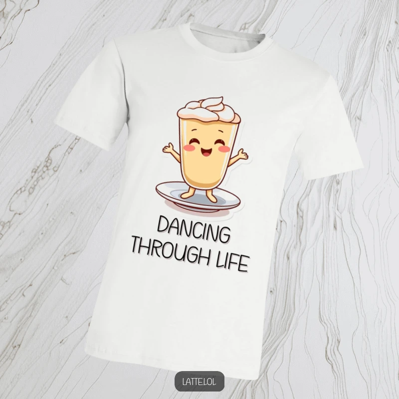 Funny t-shirt graphic of a smiling latte character performing a cheerful dance on a saucer, exuding pure delight.