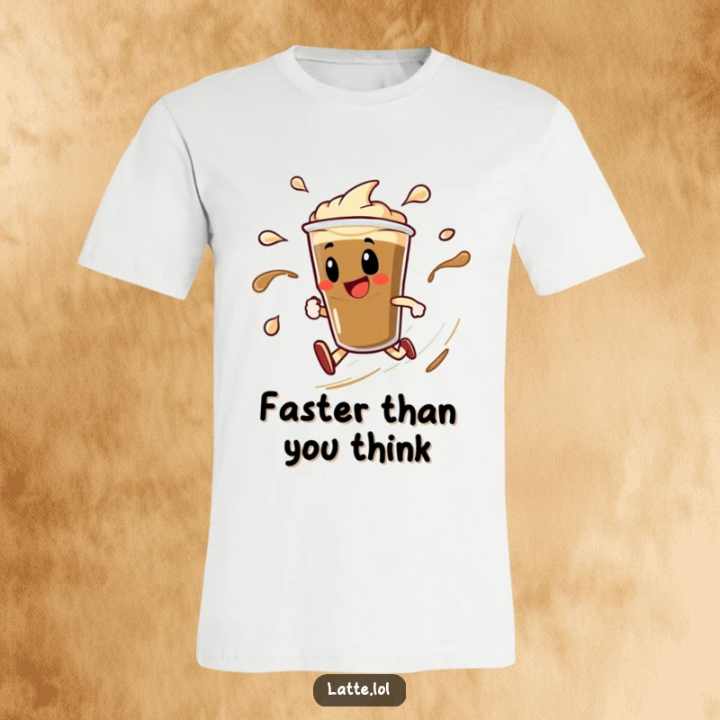 Funny t-shirt depicting a delighted espresso shot character in a rapid spin, leaving behind energetic liquid trails. Fast and fun.