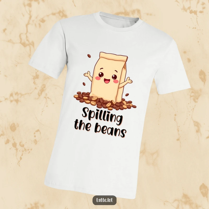 Funny t-shirt depicting a gleeful coffee bag character, enthusiastically spilling coffee beans. Comedic apparel for coffee lovers.