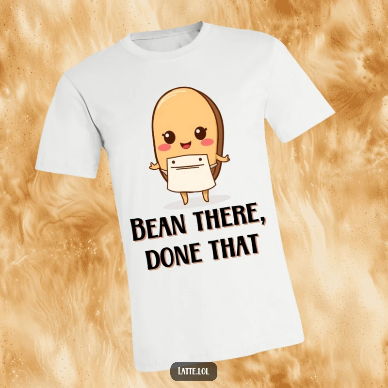 Funny t-shirt showing a cute coffee bean character wearing a small apron, ready for coffee duty.