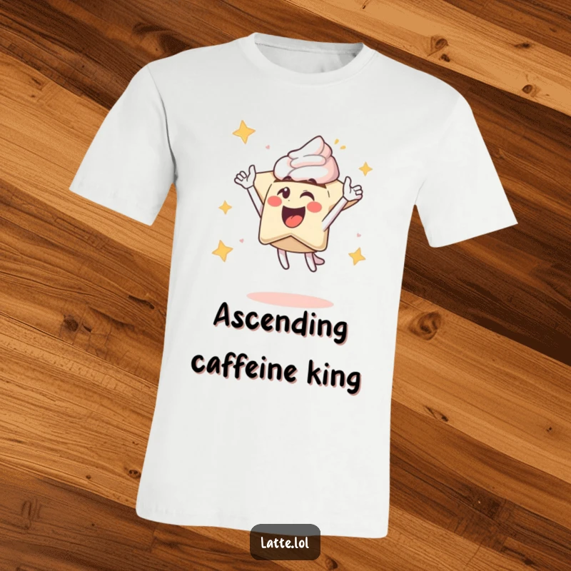 Funny t-shirt with an excited latte art star character soaring upwards, radiating pure, jubilant energy and morning excitement.