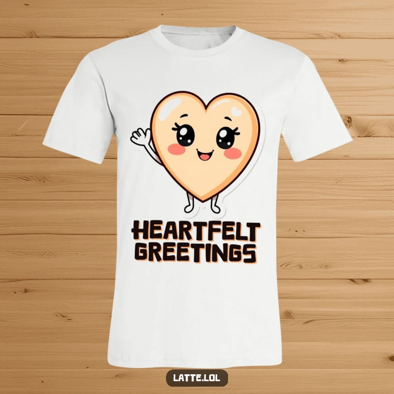Funny Latte T-Shirt: Adorable smiling latte art heart character giving a friendly wave, full of warmth and joy.