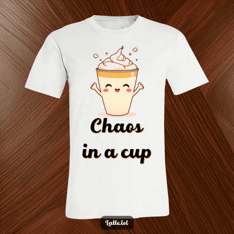 Funny t-shirt graphic of a latte cup character with arms in motion, playfully splashing foam art with a cheerful vibe.