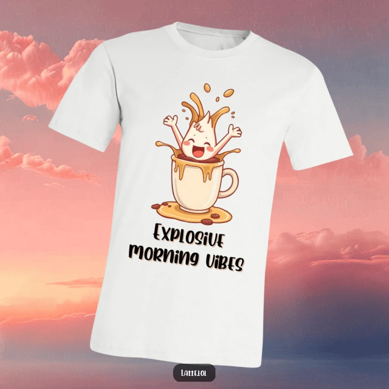 Funny t-shirt featuring a happy coffee splash character leaping exuberantly from a mug, embodying pure exhilaration.