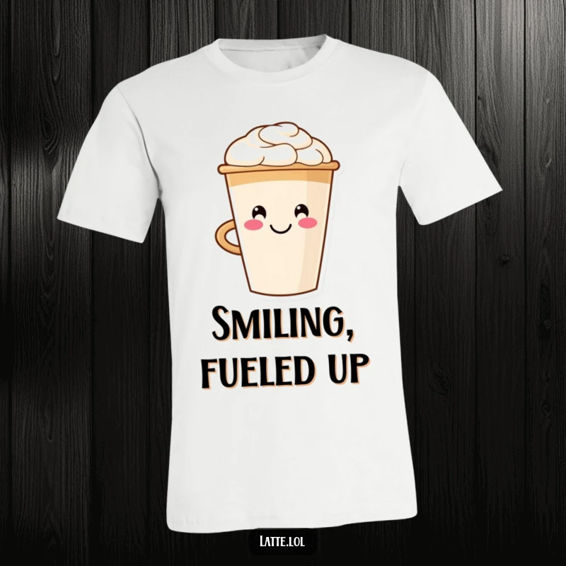 Funny T-shirt featuring a happy latte cup character with a smiley face foam art, exuding warmth and morning cheerfulness.