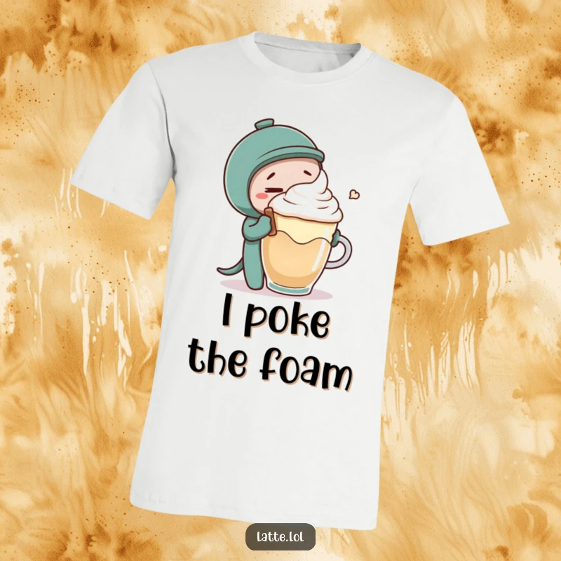 Funny t-shirt with a mischievous coffee stirrer tickling a latte foam character, capturing a moment of playful coffee chaos.