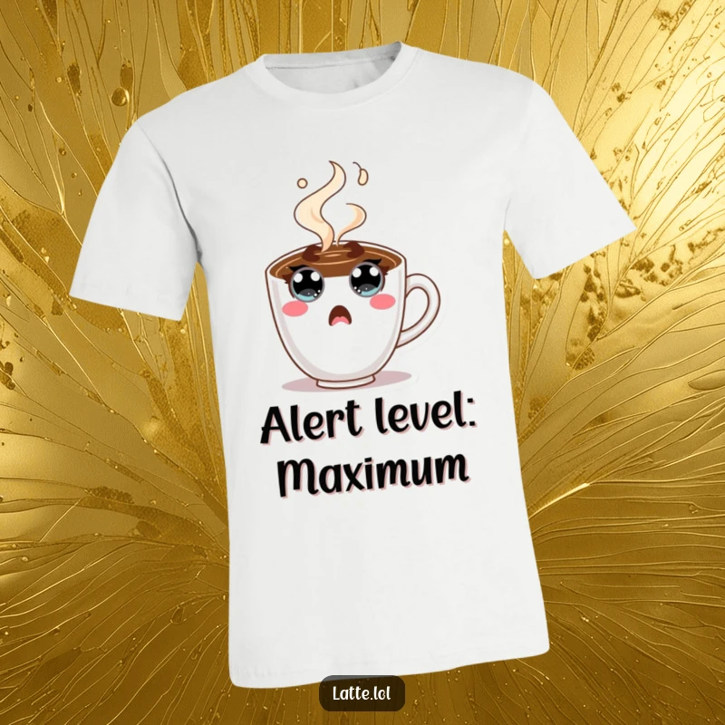 Funny Coffee Cup T-Shirt showing a character with wide eyes and steam bursting out, expressing shock. Ideal funny gift for coffee fans.