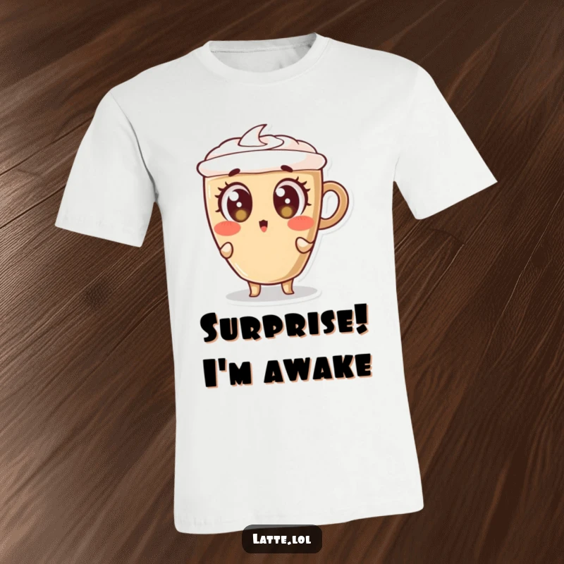 Funny t-shirt showing a latte cup character leaning back with enormous, surprised eyes, capturing a moment of astonishment.