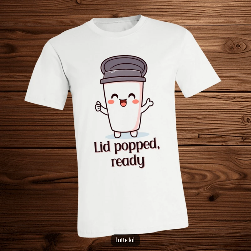 Funny t-shirt featuring a delighted travel mug character with its lid popping open in excitement. Comedic beverage apparel.