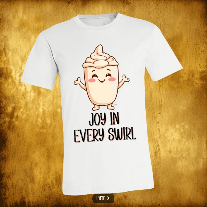Funny Jovial Latte Foam T-Shirt showing a smiling character creating funny shapes in coffee foam. Great for coffee lovers.