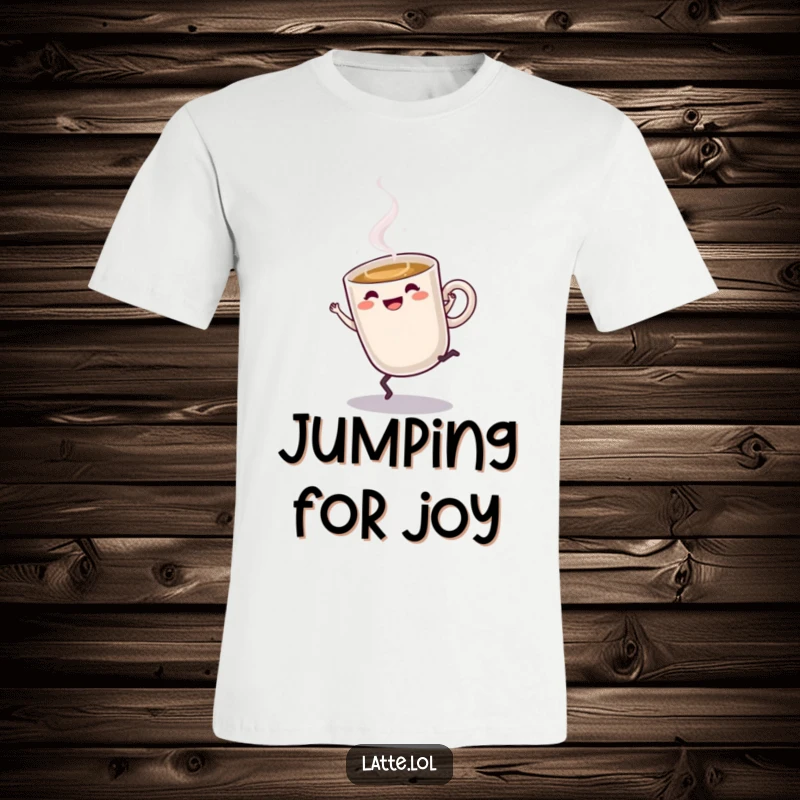 Funny Latte T-Shirt: Steaming latte cup character doing a cartwheel in mid-air, radiating pure, caffeinated excitement.