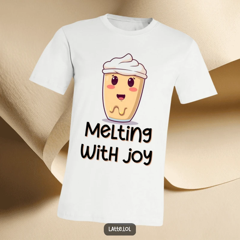 Funny melting latte art t-shirt with a surprised smiley face art appearing to melt, symbolizing morning struggles humorously.