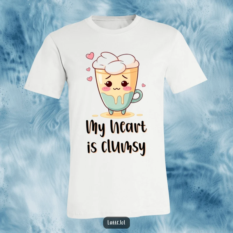 Funny t-shirt with an embarrassed latte art heart character blushing and spilling foam, looking shy and flustered.