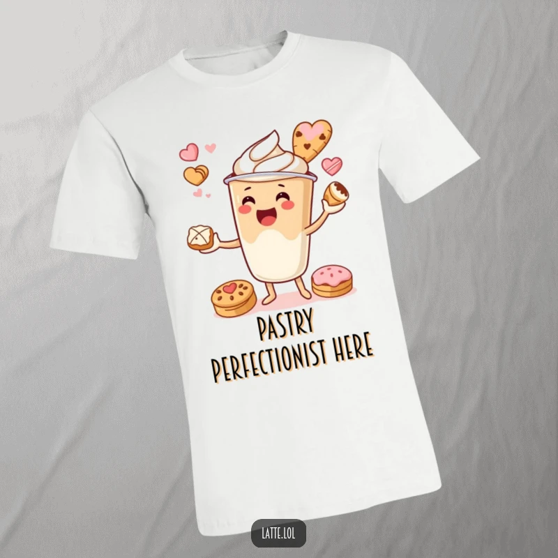 Funny t-shirt depicting a cheerful latte cup character in the act of juggling tempting pastries.