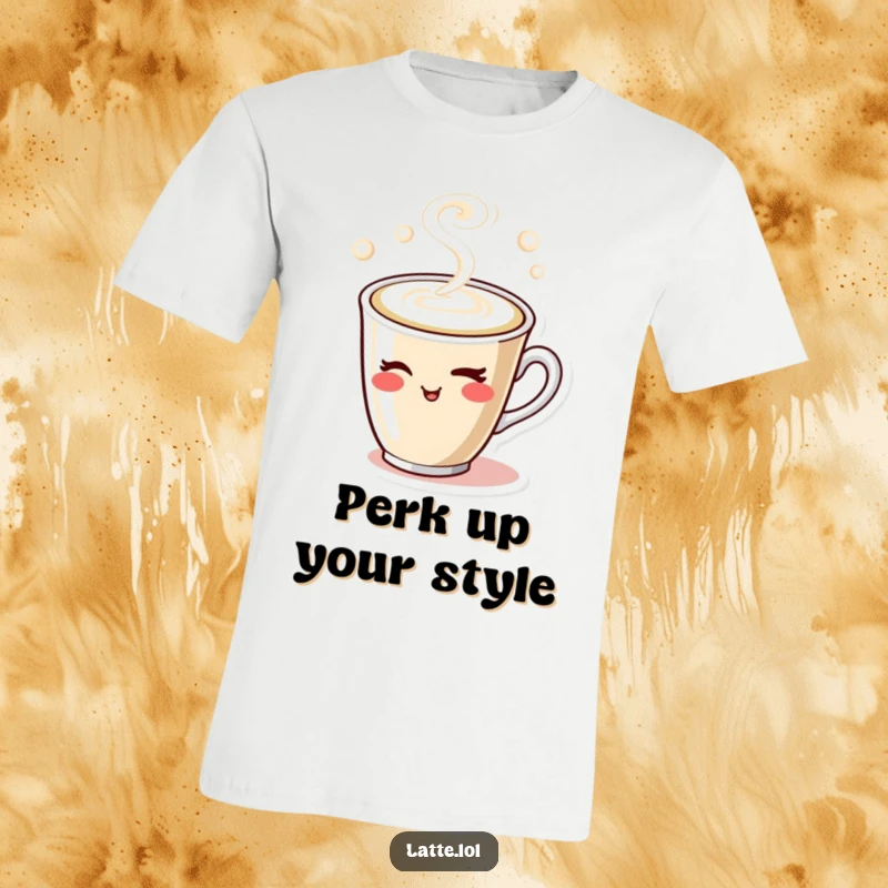 Funny t-shirt showing a winking latte cup character with swirling steam, perfect for those who enjoy a good laugh and great coffee.