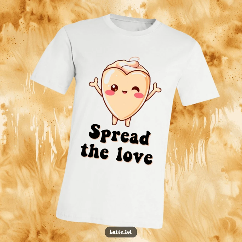 Funny t-shirt illustration of a kawaii latte heart character with arms up, cheering enthusiastically, bright and happy.