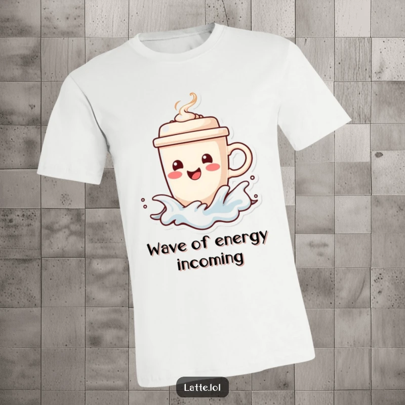 Funny t-shirt depicting a happy coffee cup character confidently riding a frothy wave, steaming lid intact. Cool beach design.