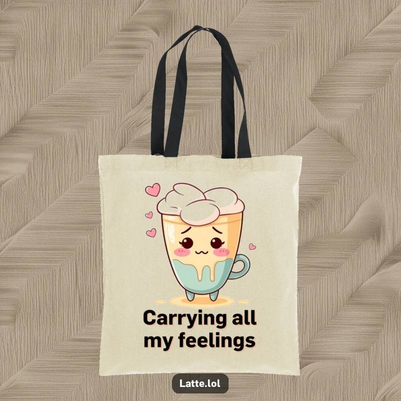 Funny tote bag with an embarrassed latte art heart character blushing and spilling foam, a charming mishap.