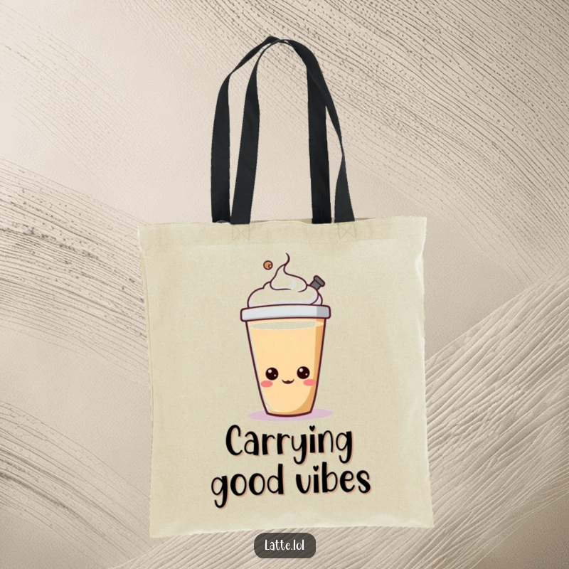 Funny latte cup tote bag with a cheerful character happily bopping its lid, perfect for commuters.