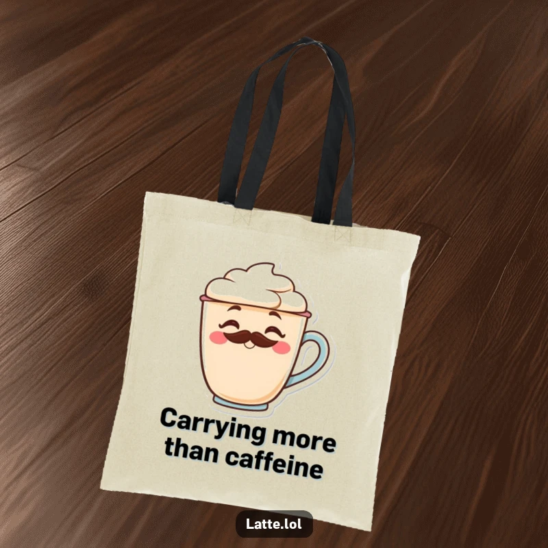 Funny latte cup tote bag with a frothy mustache winking, ideal for carrying coffee essentials.