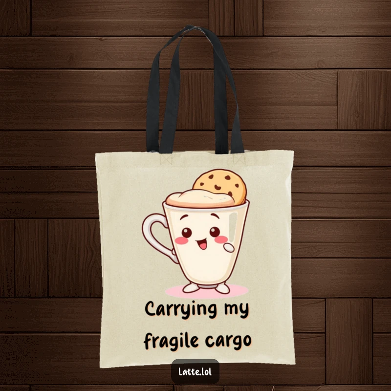 Funny tote bag featuring a wobbly latte cup character attempting to balance a cookie wafer on its rim. Great for carrying goodies.