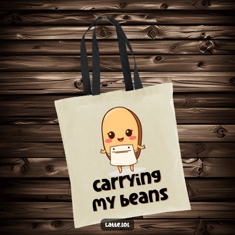 Funny tote bag with a coffee bean character sporting a tiny apron, ideal for carrying coffee essentials.