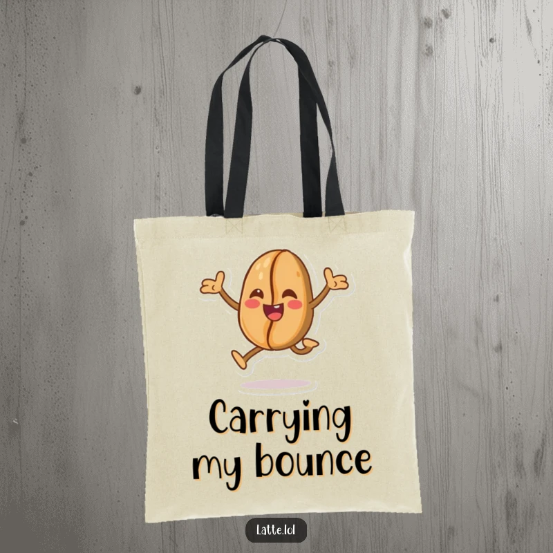 Funny tote bag depicting an energetic coffee bean character in a mid-air leap, perfect for carrying daily essentials with flair.