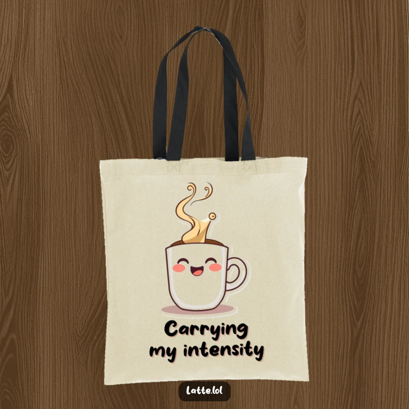 Funny tote bag depicting an energetic espresso shot character with dramatic steam, perfect for carrying daily essentials with power.