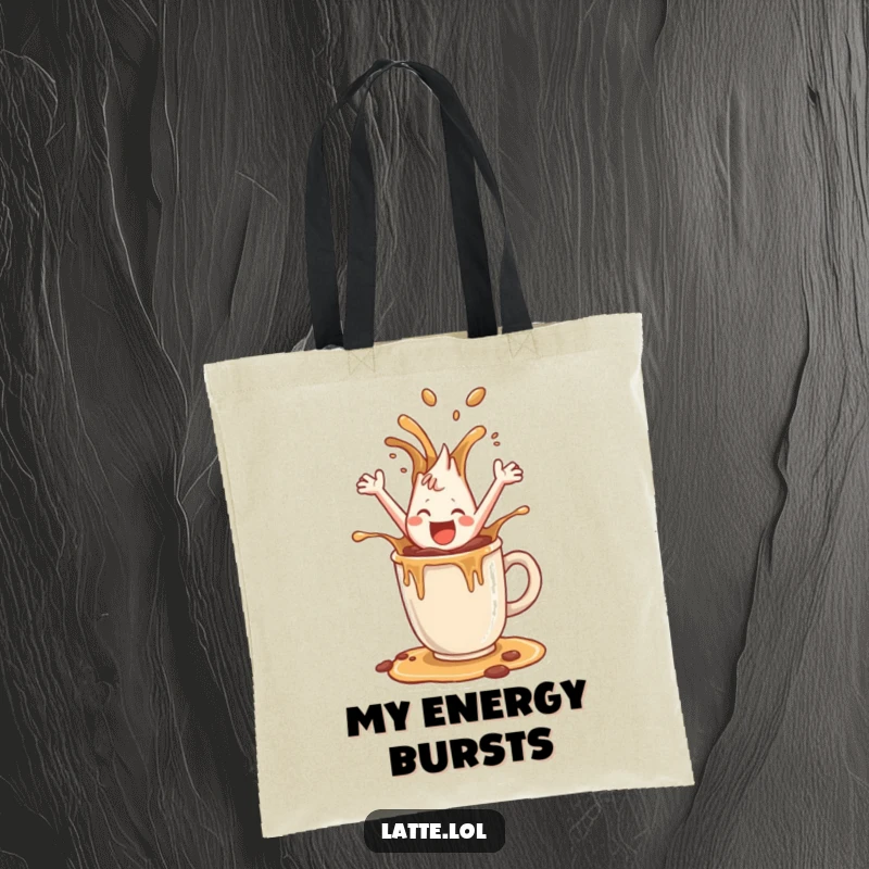 Funny tote bag with a happy coffee splash character jumping out of a mug, a cheerful and practical accessory.