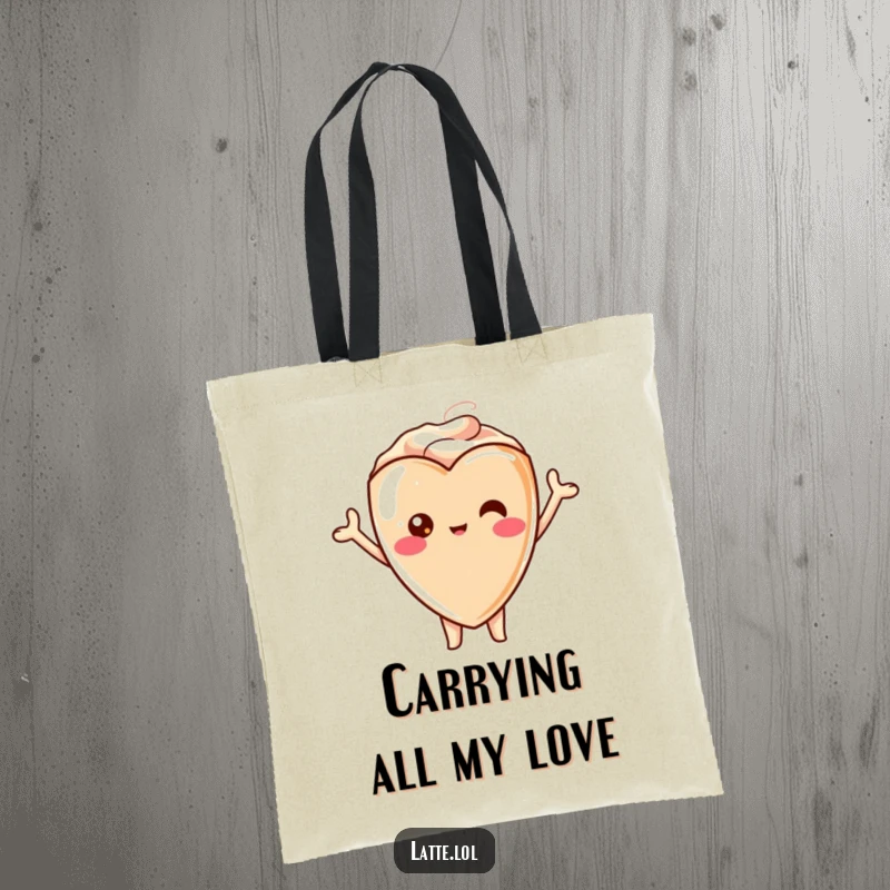 Funny tote bag showcasing a kawaii latte heart character with arms up, cheering, ready for any adventure.