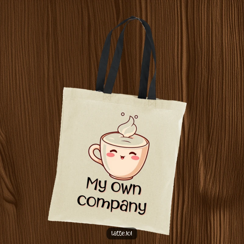 Funny tote bag with a cheerful latte cup character sipping its own foam, perfect for carrying daily essentials humorously.